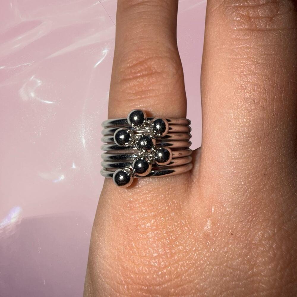 Y2K whimsy boho silver beaded ring with wide multi band fidget pinky ring